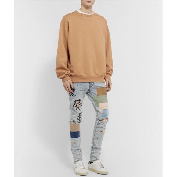 AMIRI - Thrasher Skinny-Fit Appliquéd Distressed Denim Jeans - Blue Size 34/32 - Picture 1 of 5